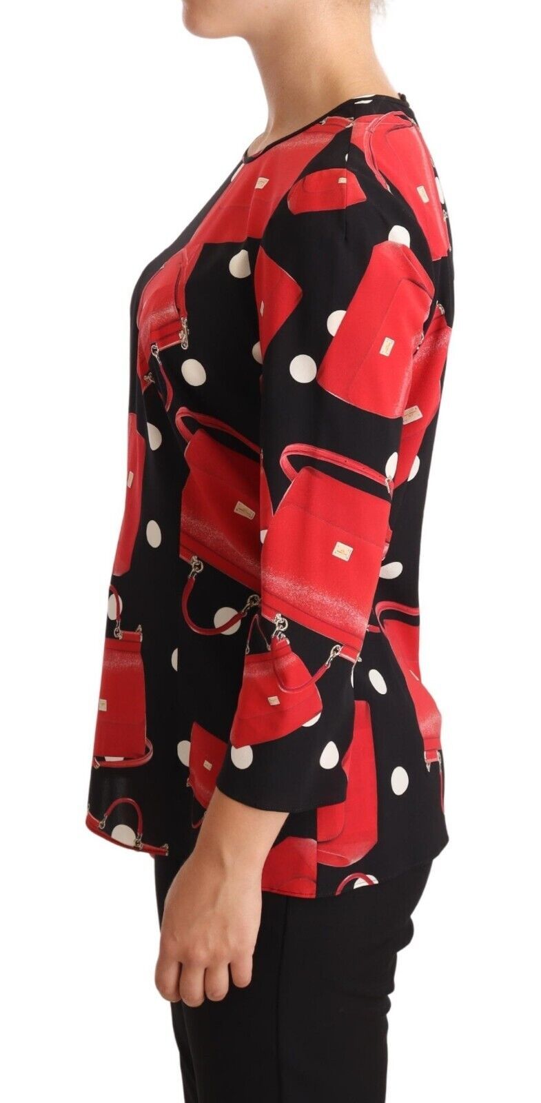 Schwarze Seiden-Stretch-Bluse mit Sicily-Taschen-Print
