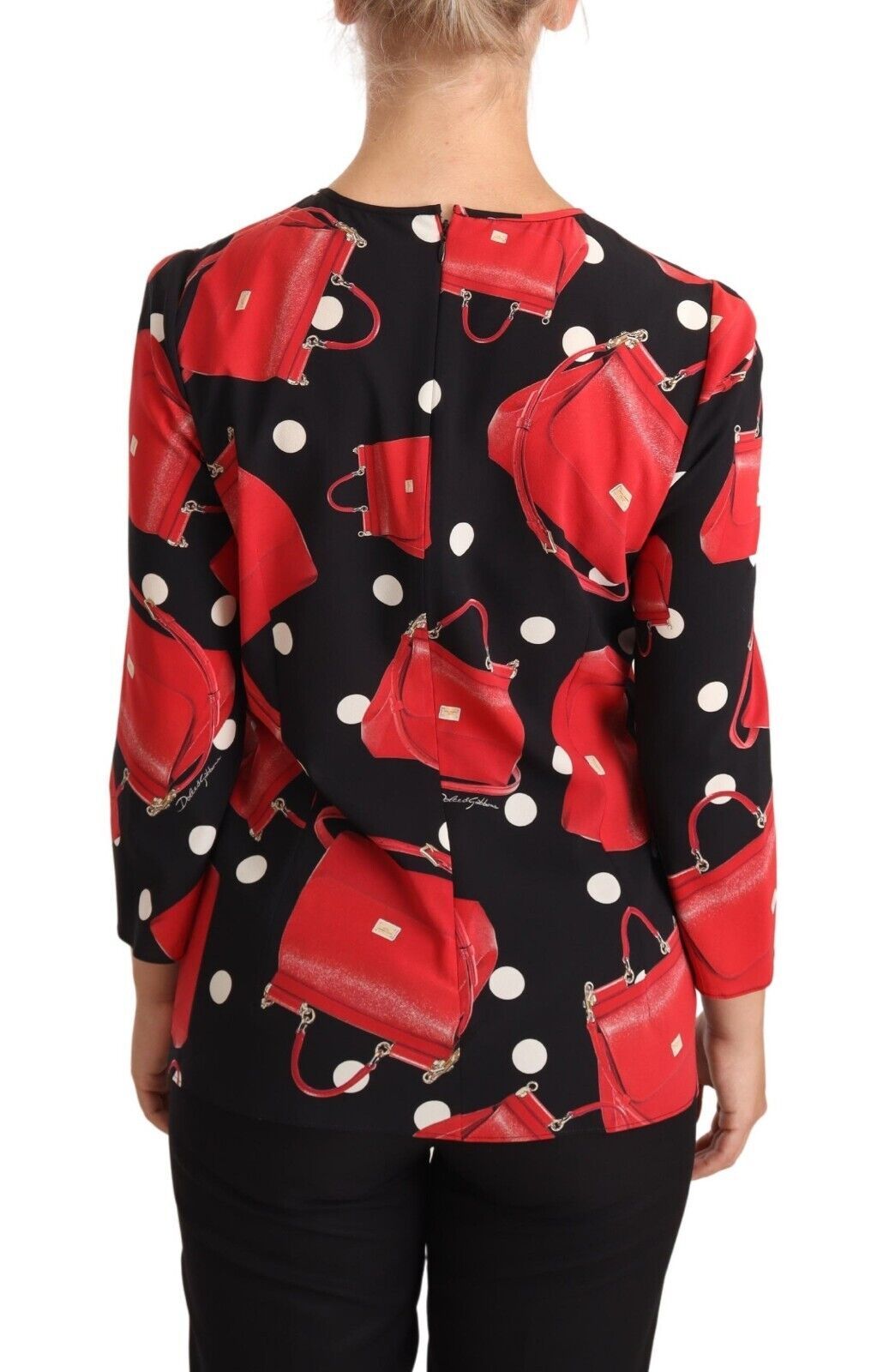 Schwarze Seiden-Stretch-Bluse mit Sicily-Taschen-Print