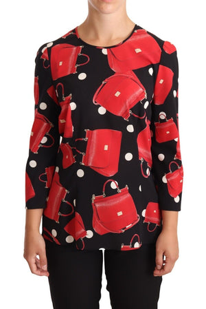 Schwarze Seiden-Stretch-Bluse mit Sicily-Taschen-Print