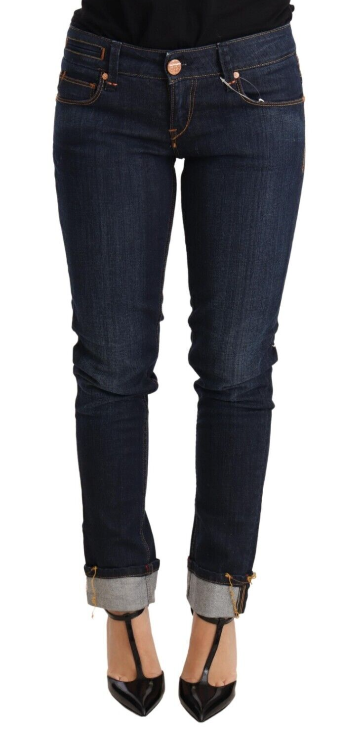 Blaue Jeans aus gewaschener Baumwolle mit niedriger Taille und Skinny-Denim für Damen