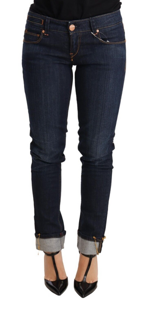 Blaue Jeans aus gewaschener Baumwolle mit niedriger Taille und Skinny-Denim für Damen