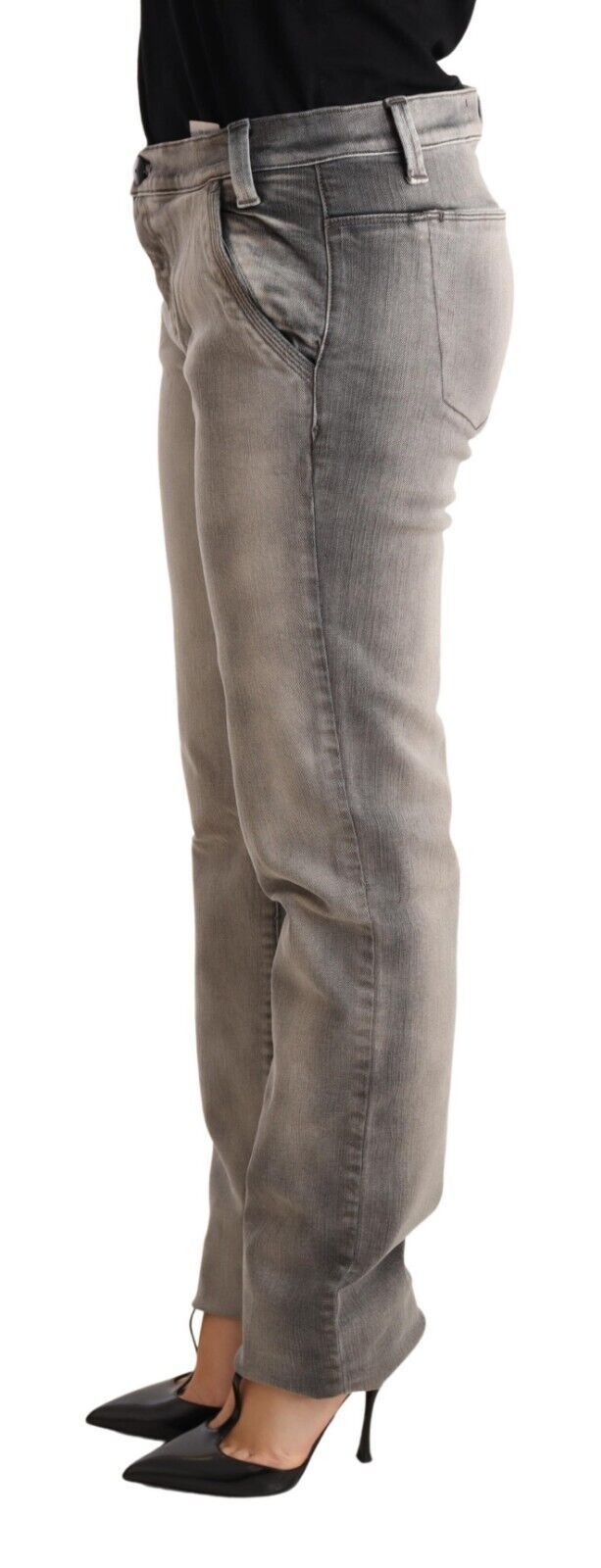 Grau verwaschene Skinny-Jeans aus Baumwolle mit niedriger Taille