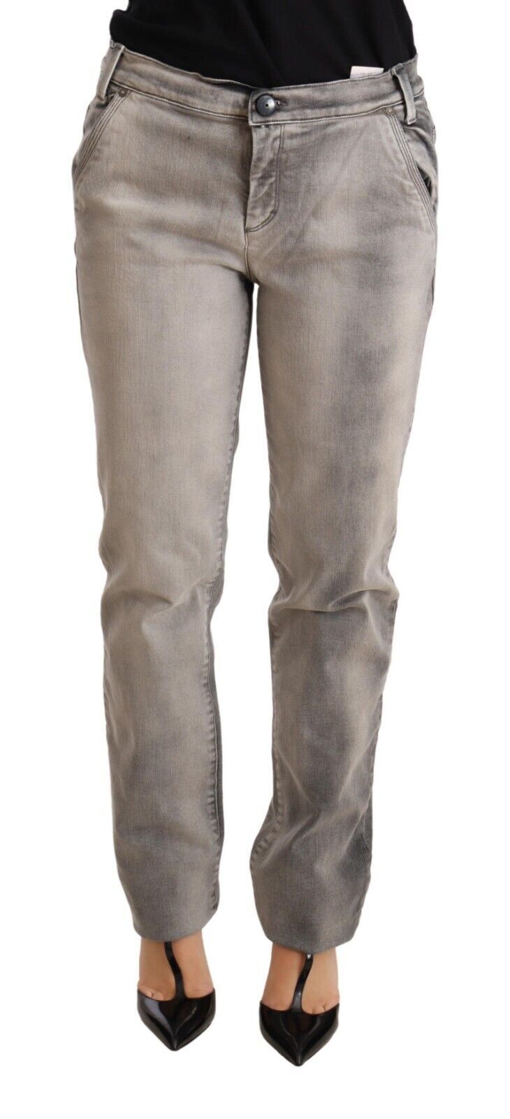 Grau verwaschene Skinny-Jeans aus Baumwolle mit niedriger Taille
