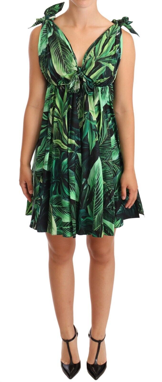 Ausgestelltes Minikleid aus Baumwolle mit grünem Blättermuster