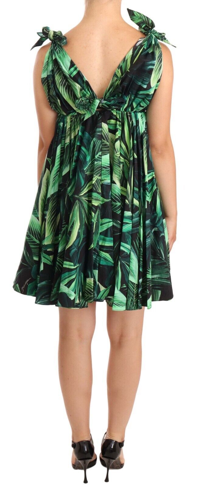 Ausgestelltes Minikleid aus Baumwolle mit grünem Blättermuster