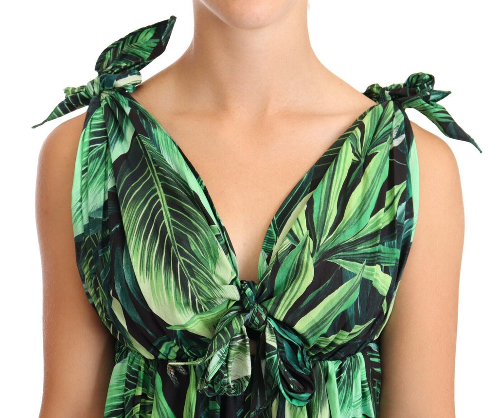 Ausgestelltes Minikleid aus Baumwolle mit grünem Blättermuster
