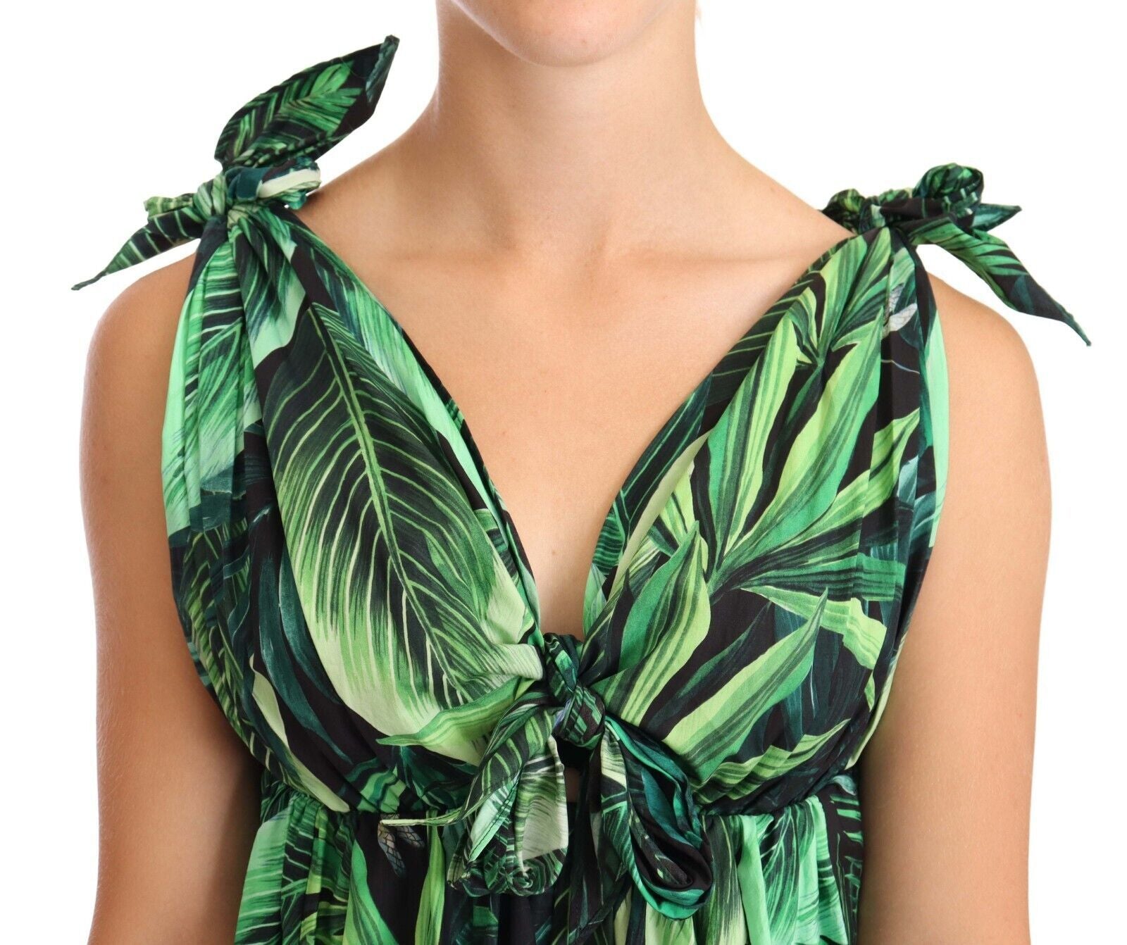 Ausgestelltes Minikleid aus Baumwolle mit grünem Blättermuster