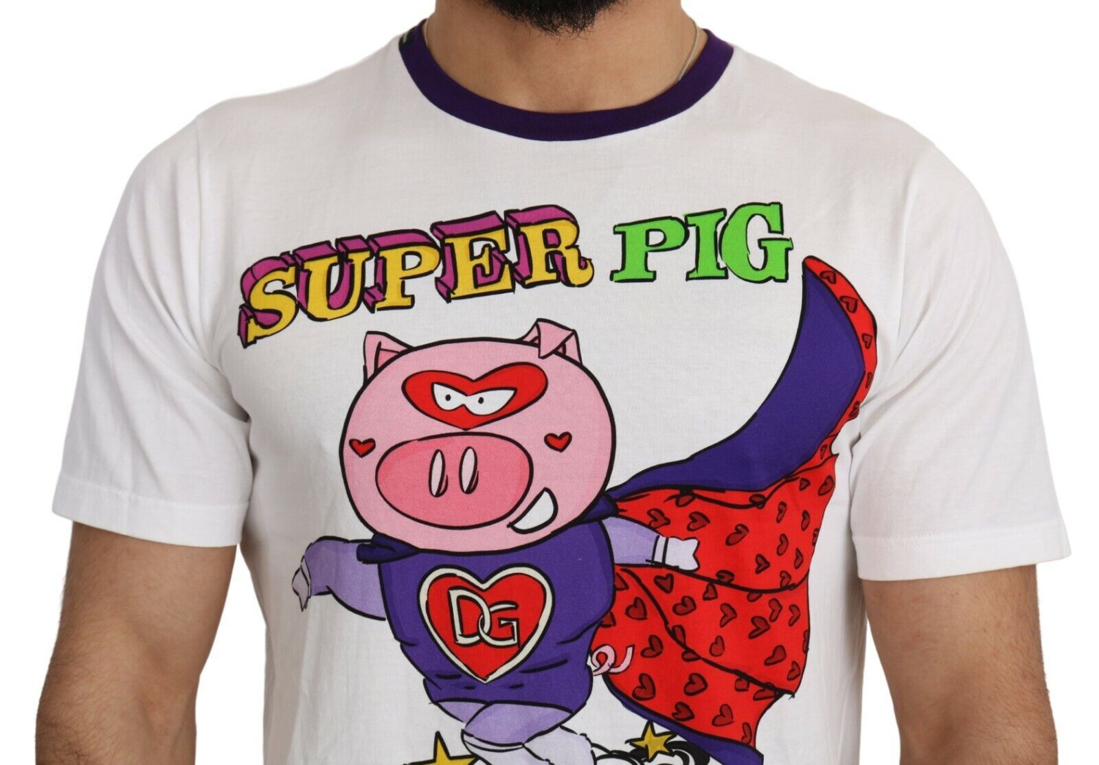 Weißes Baumwoll-T-Shirt mit Super-Power-Schwein-Motiv