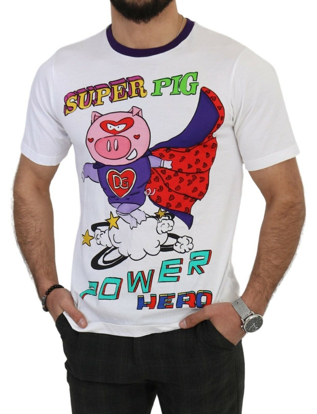 Weißes Baumwoll-T-Shirt mit Super-Power-Schwein-Motiv
