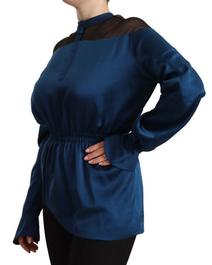Blaue Seidenbluse mit langen Ärmeln und elastischer Taille