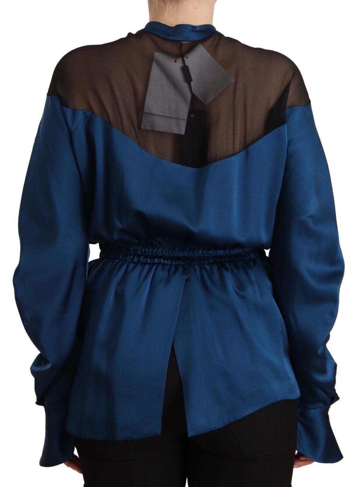 Blaue Seidenbluse mit langen Ärmeln und elastischer Taille
