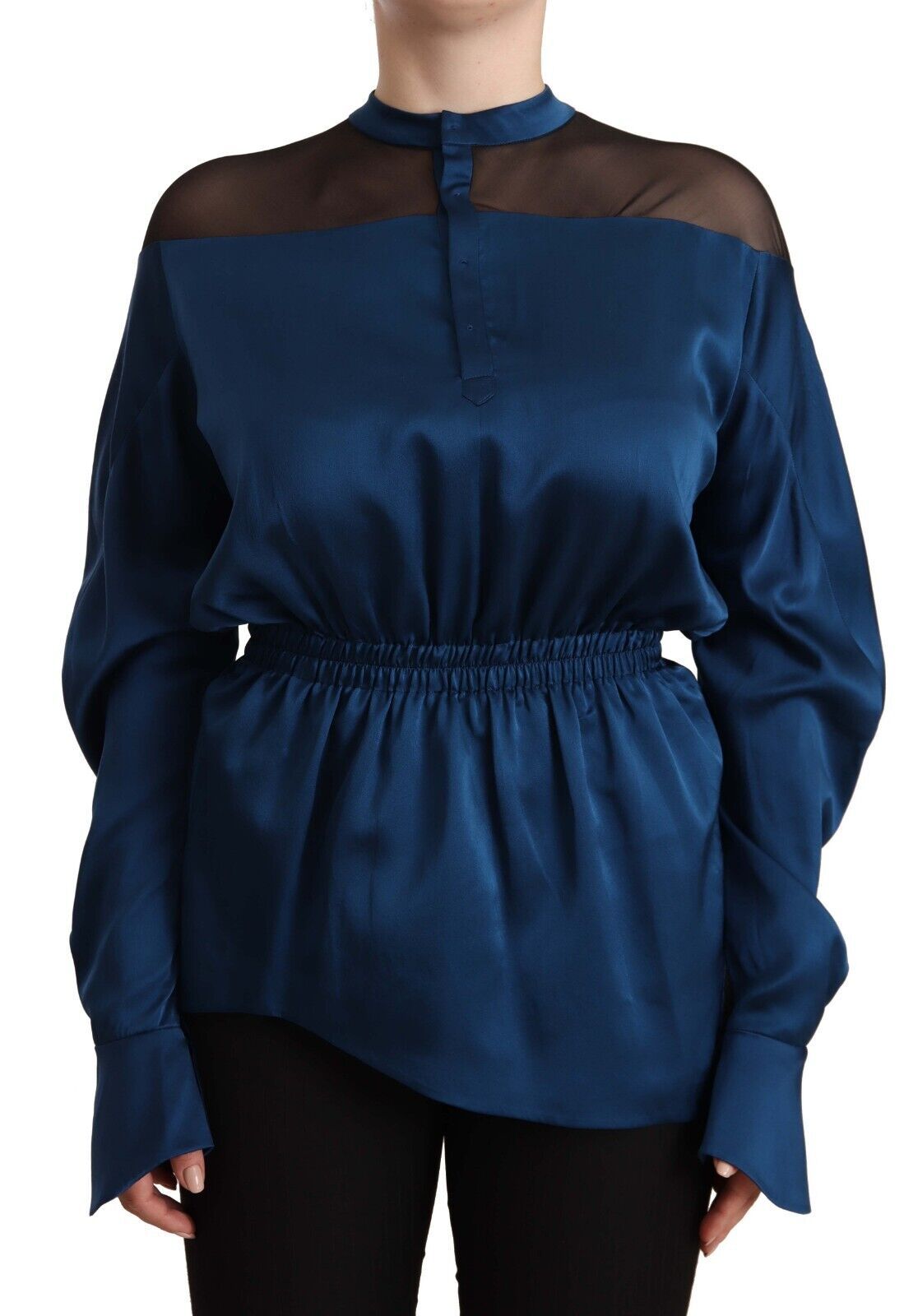Blaue Seidenbluse mit langen Ärmeln und elastischer Taille