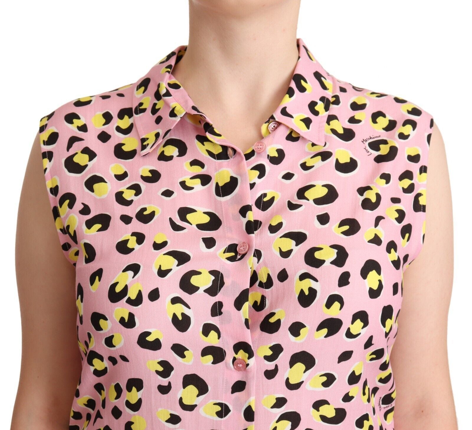 Ärmelloses Poloshirt mit Kragen und Leopardenmuster in Rosa