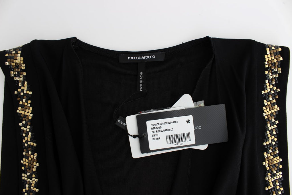 Schwarzes, verziertes Mini-Etuikleid aus Jersey