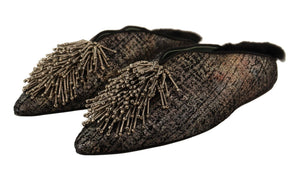 Gold Jacquard Leather Embellished Slip On Shoes