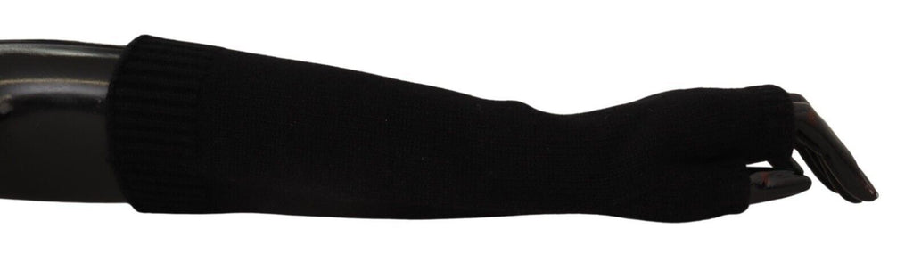 Schwarze, fingerlose Strickhandschuhe in Ellenbogenlänge