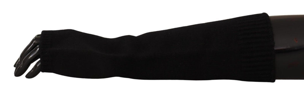 Schwarze, fingerlose Strickhandschuhe in Ellenbogenlänge