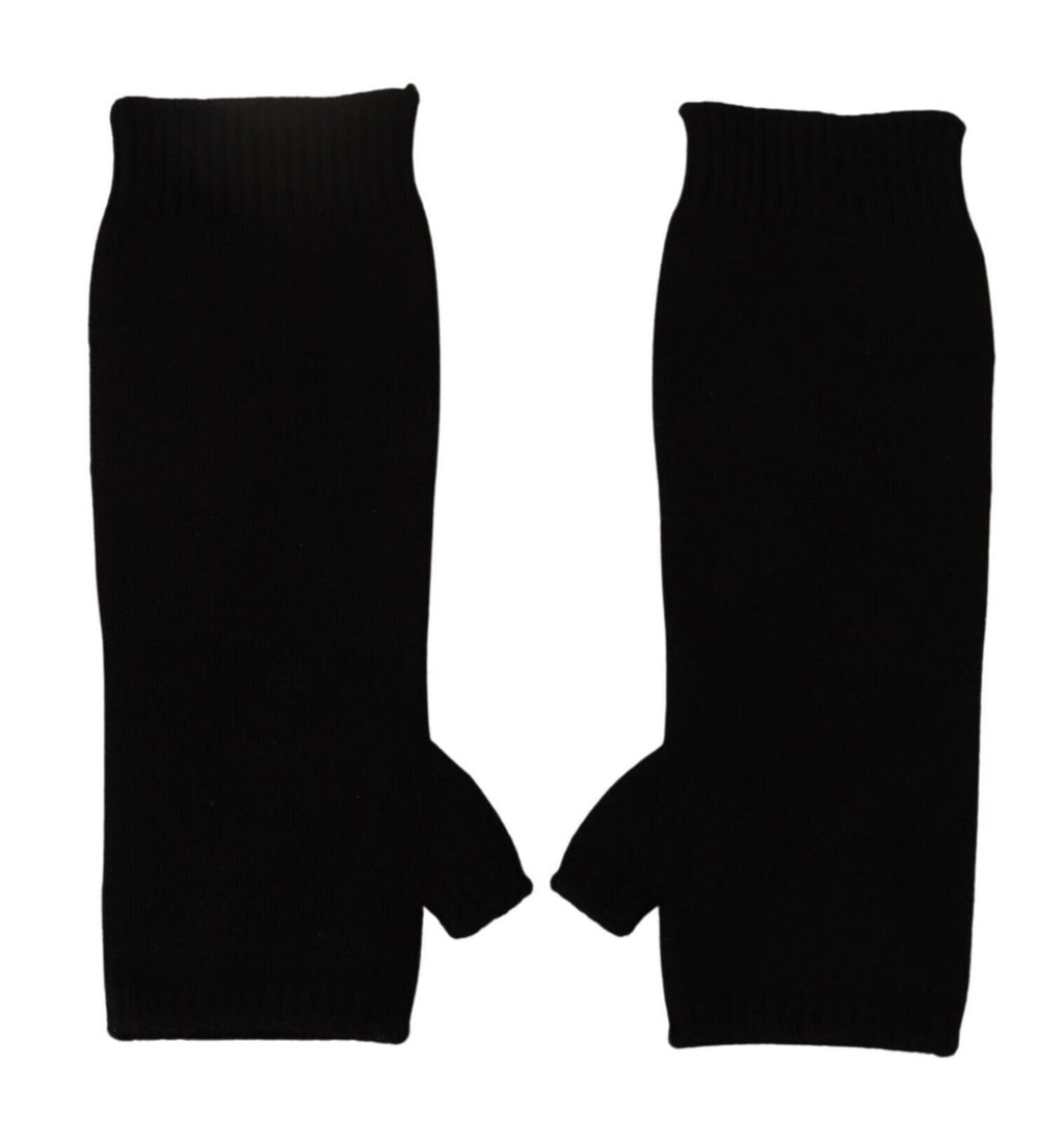 Schwarze, fingerlose Strickhandschuhe in Ellenbogenlänge