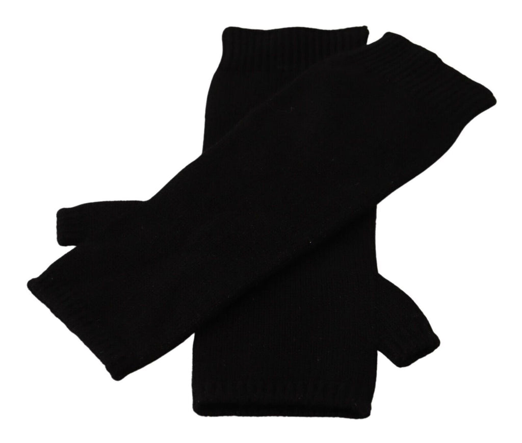 Schwarze, fingerlose Strickhandschuhe in Ellenbogenlänge