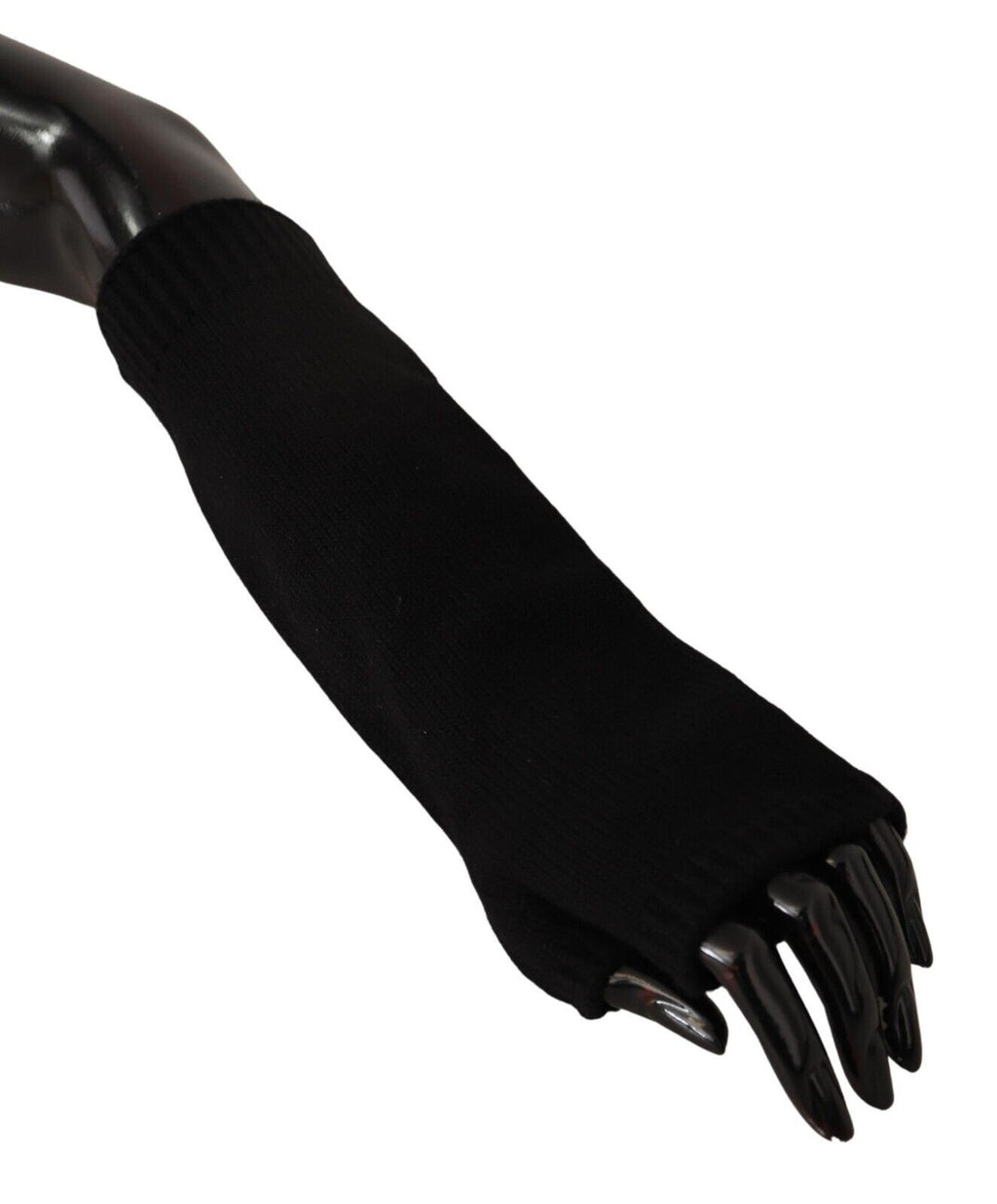 Schwarze, fingerlose Strickhandschuhe in Ellenbogenlänge