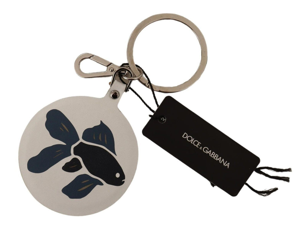 Schlüsselanhänger mit Fisch-Motiv, aus weißem Leder, silberfarben
