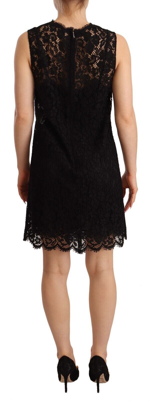 Schwarzes, ärmelloses Minikleid mit floraler Spitze