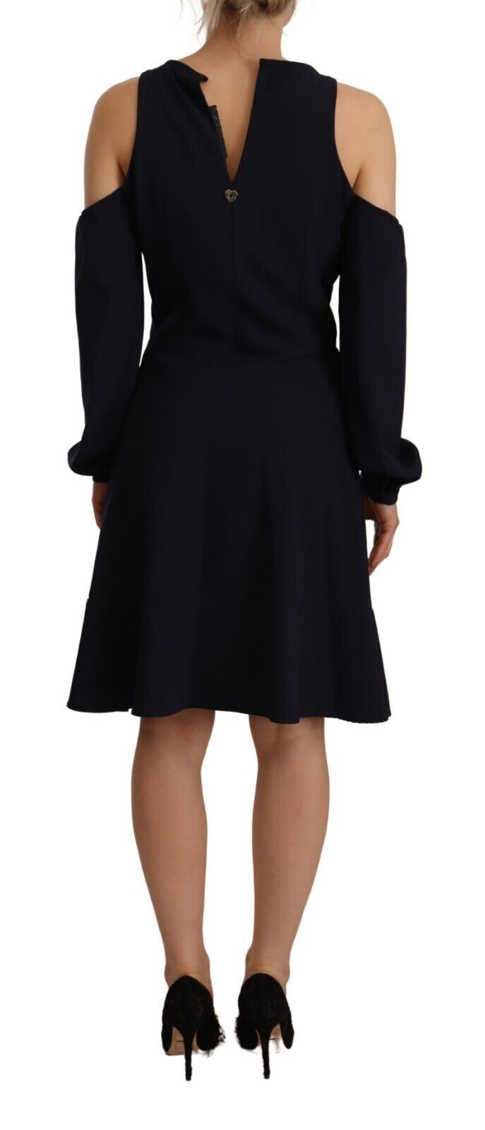 Schwarzes A-Linien-Kleid mit langen Ärmeln und offener Schulter