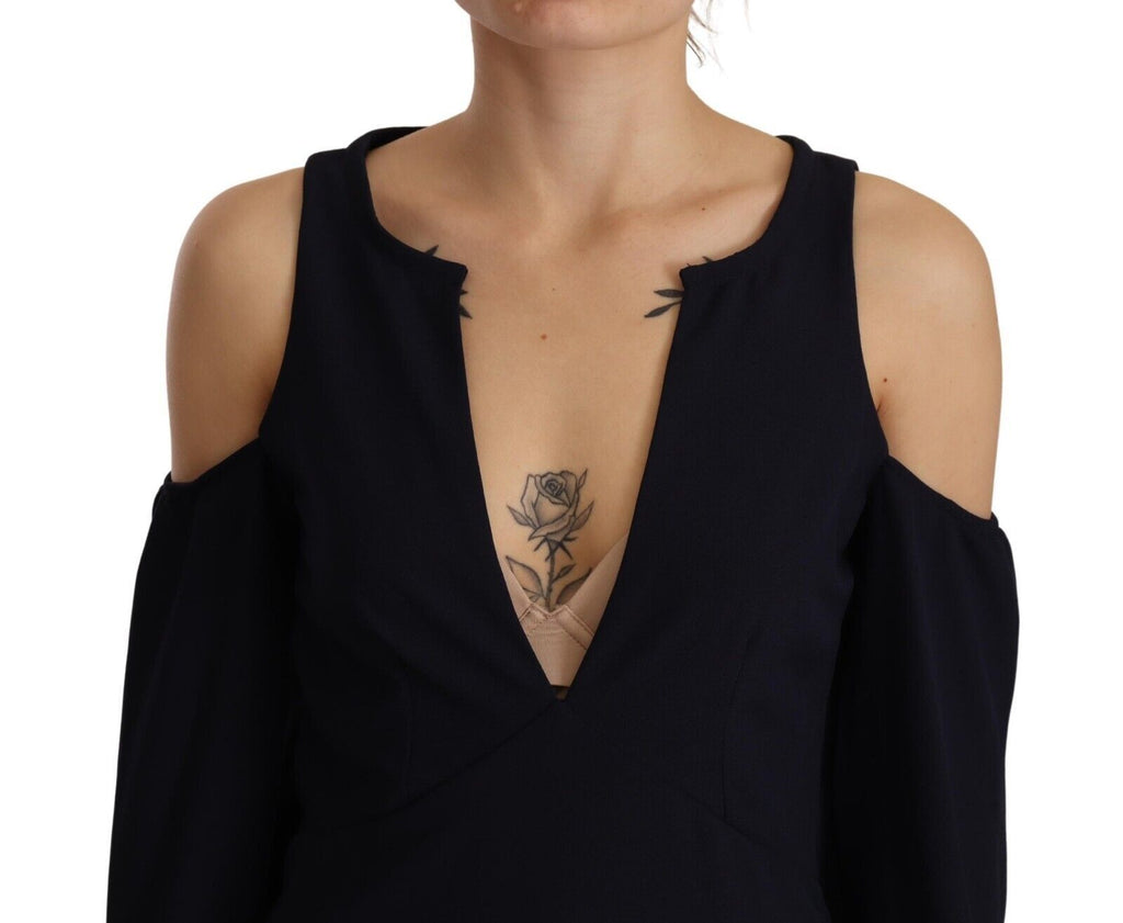 Schwarzes A-Linien-Kleid mit langen Ärmeln und offener Schulter