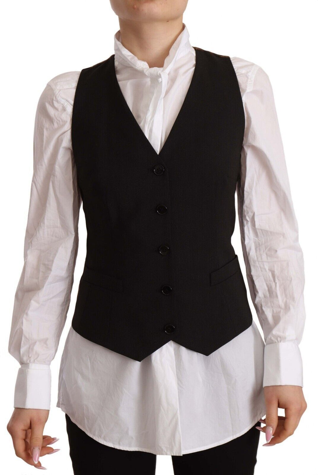 Schwarzes, ärmelloses Polyester-Oberteil mit Knopfleiste