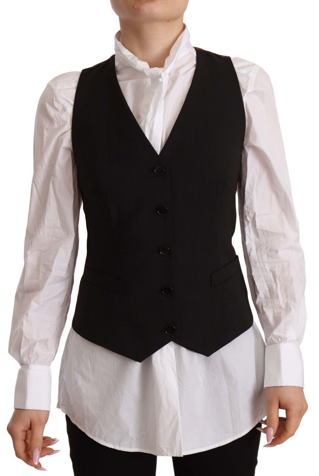 Schwarzes, ärmelloses Polyester-Oberteil mit Knopfleiste