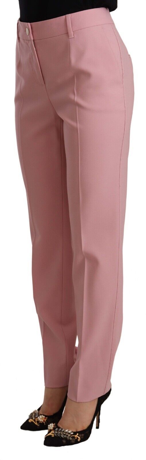 Rosafarbene Stretchhose aus Wolle mit hoher Taille