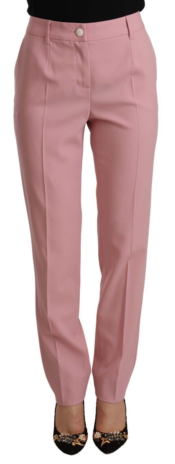 Rosafarbene Stretchhose aus Wolle mit hoher Taille