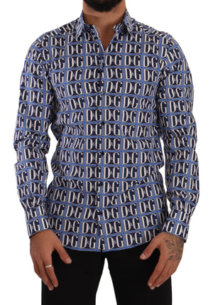 Blaues Slim Fit-Baumwollhemd mit Logo Mania