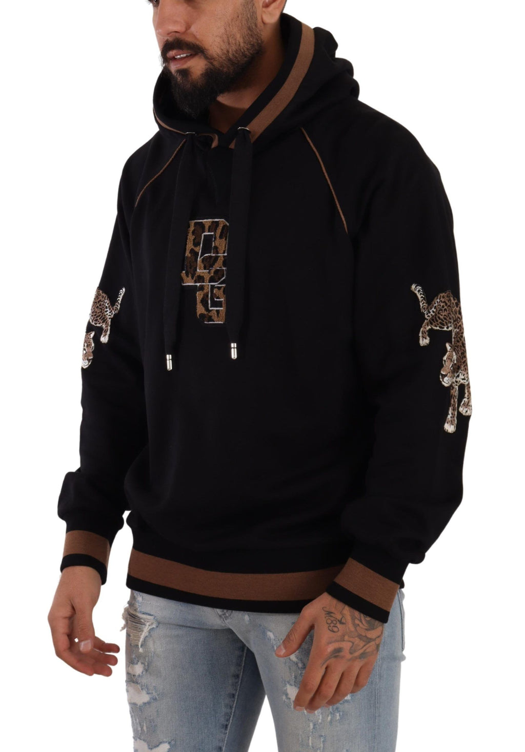 Schwarz-brauner Kapuzenpullover aus Baumwolle mit Leopardenmuster