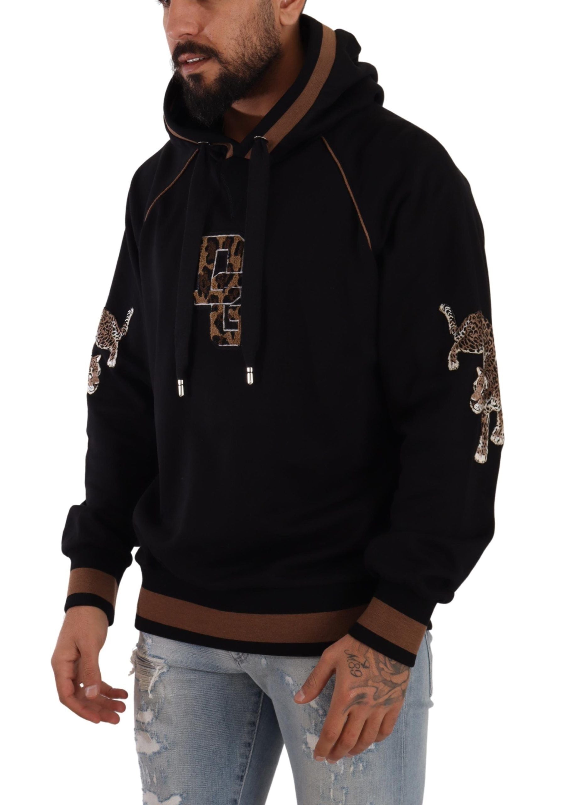Schwarz-brauner Kapuzenpullover aus Baumwolle mit Leopardenmuster