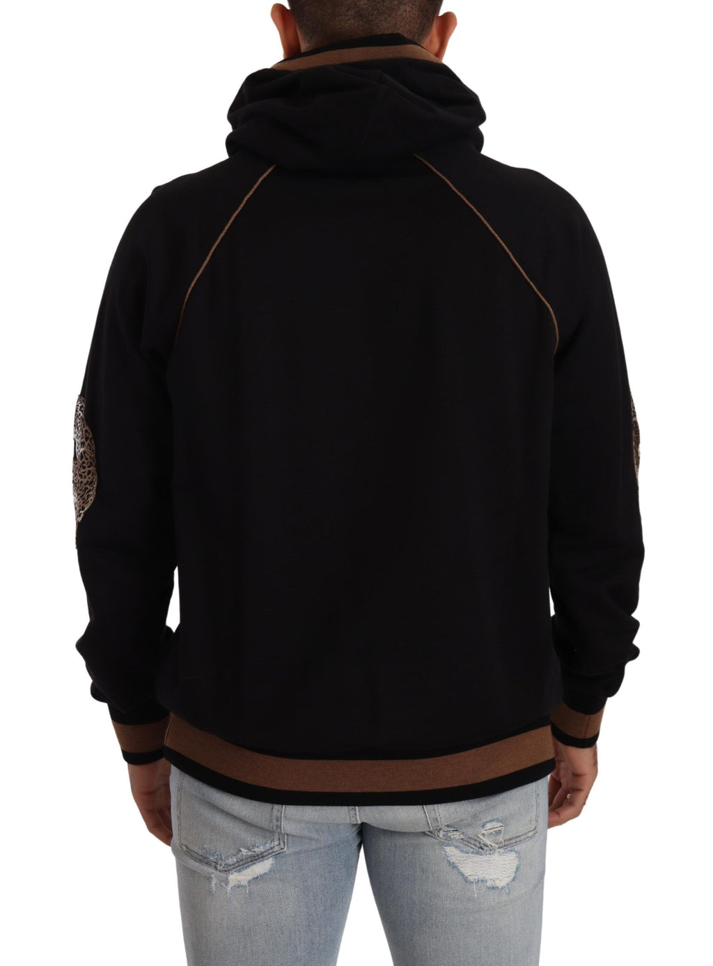 Schwarz-brauner Kapuzenpullover aus Baumwolle mit Leopardenmuster