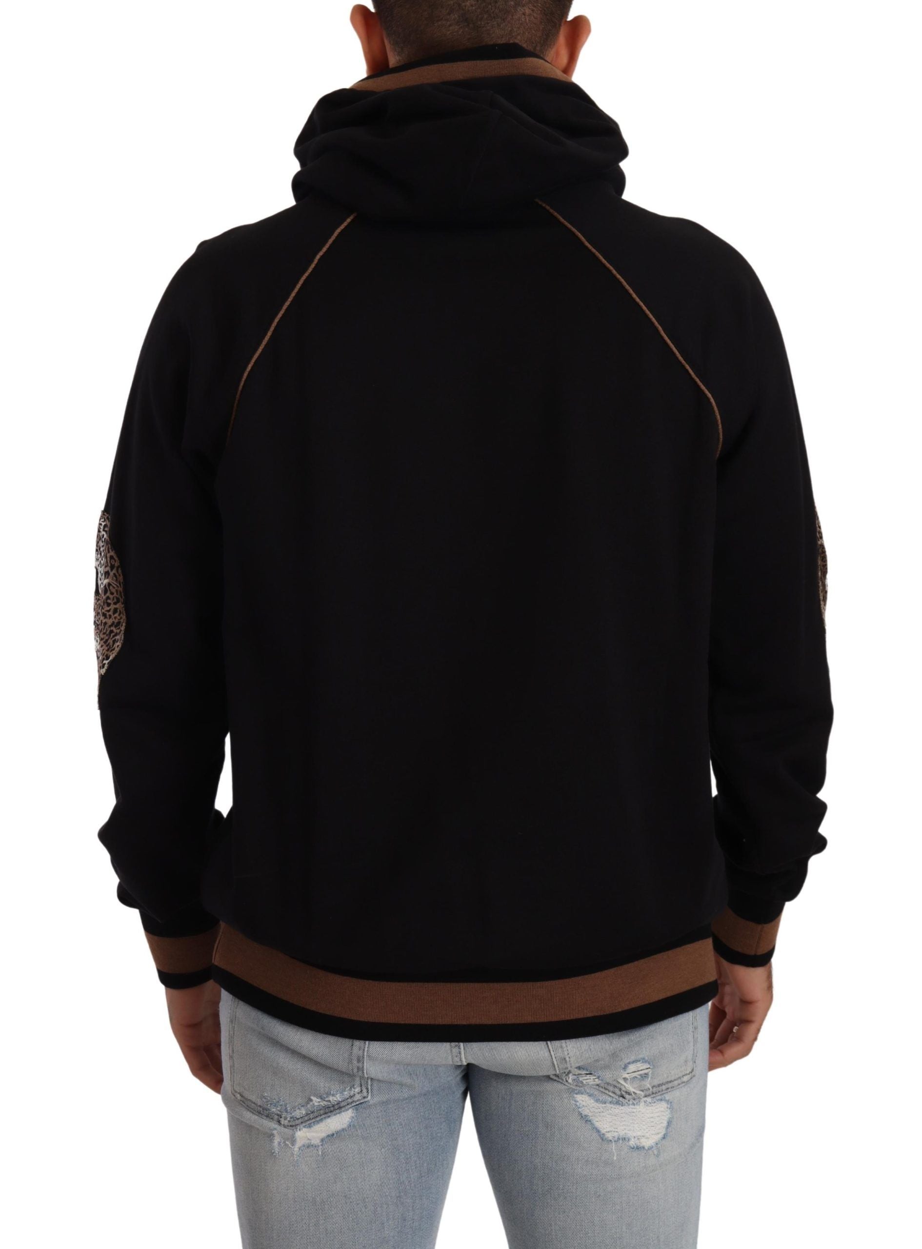 Schwarz-brauner Kapuzenpullover aus Baumwolle mit Leopardenmuster