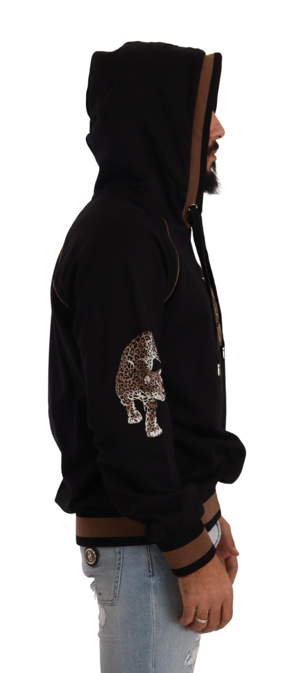 Schwarz-brauner Kapuzenpullover aus Baumwolle mit Leopardenmuster