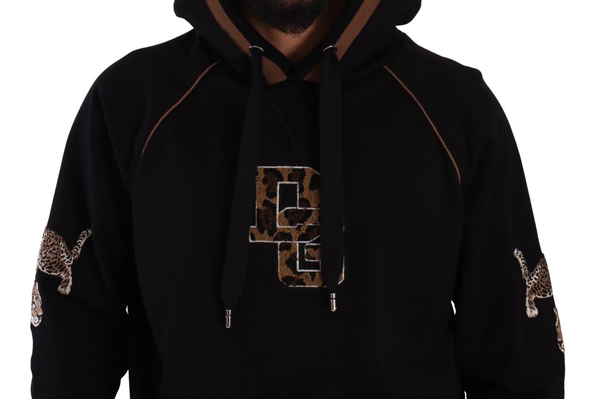 Schwarz-brauner Kapuzenpullover aus Baumwolle mit Leopardenmuster