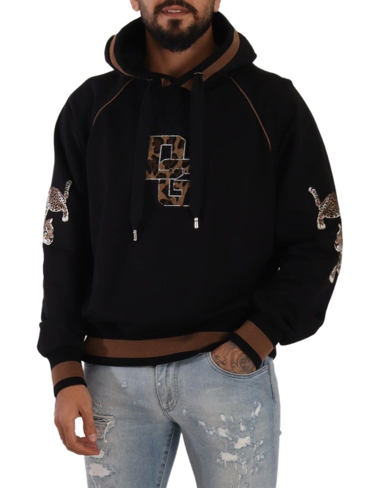 Schwarz-brauner Kapuzenpullover aus Baumwolle mit Leopardenmuster