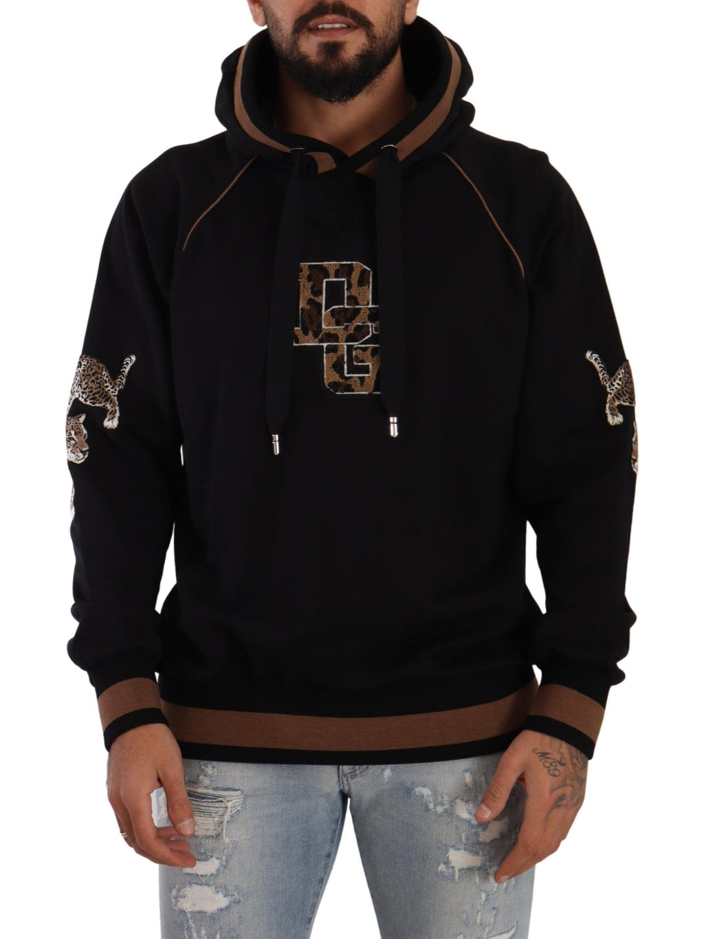 Schwarz-brauner Kapuzenpullover aus Baumwolle mit Leopardenmuster