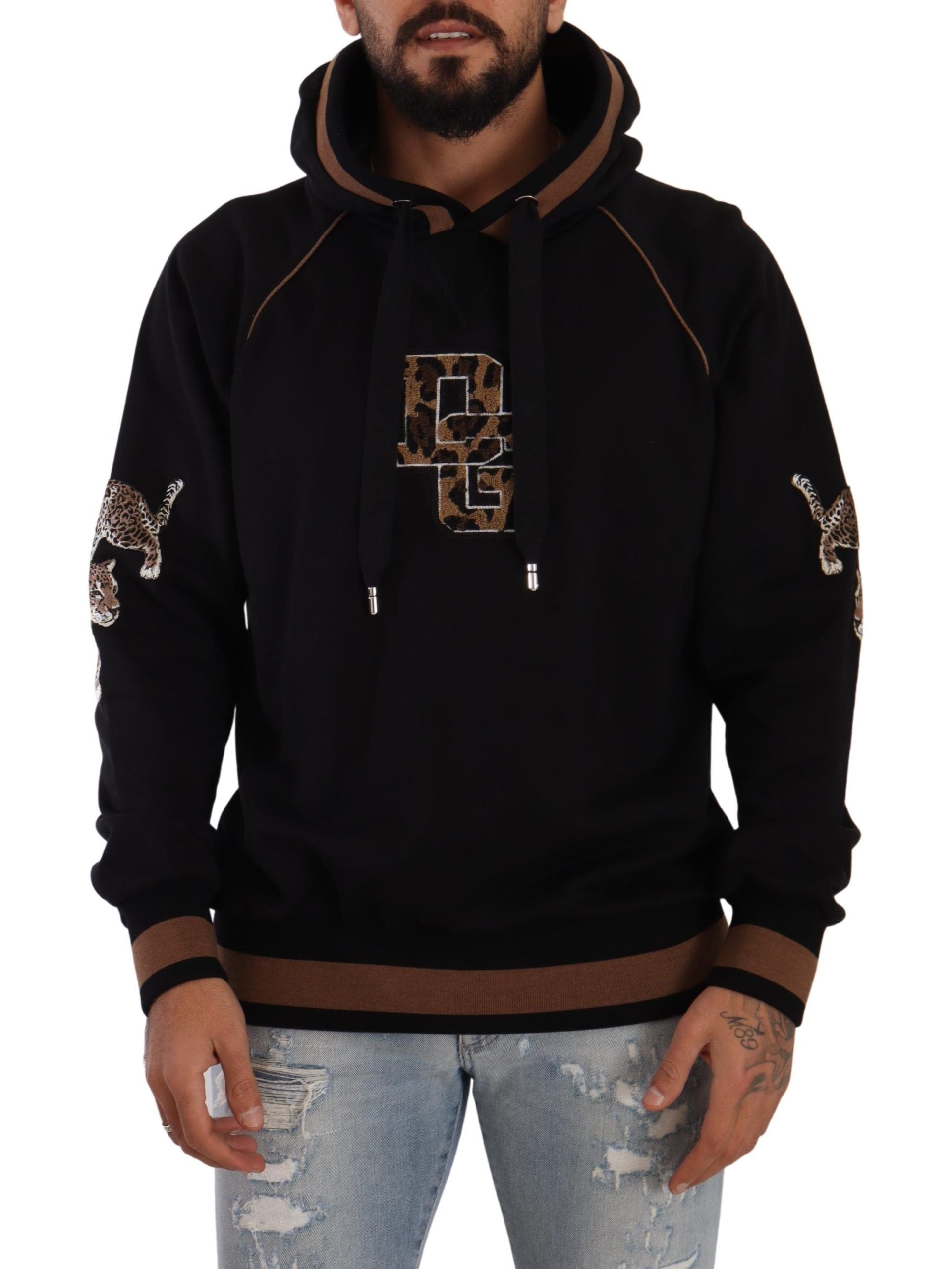 Schwarz-brauner Kapuzenpullover aus Baumwolle mit Leopardenmuster