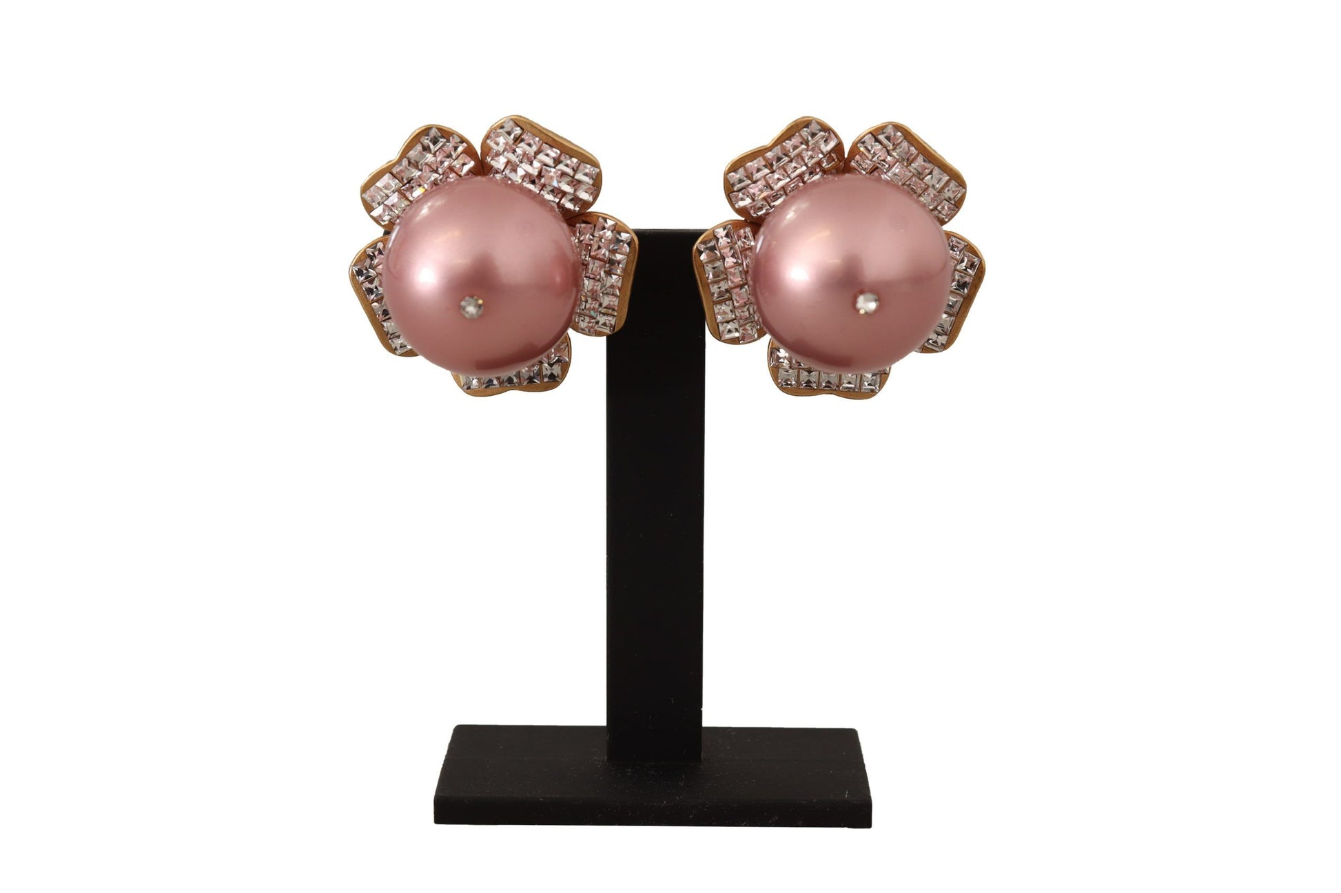 Goldfarbene Maxi-Ohrclips mit Kunstperlen und Blumenmuster