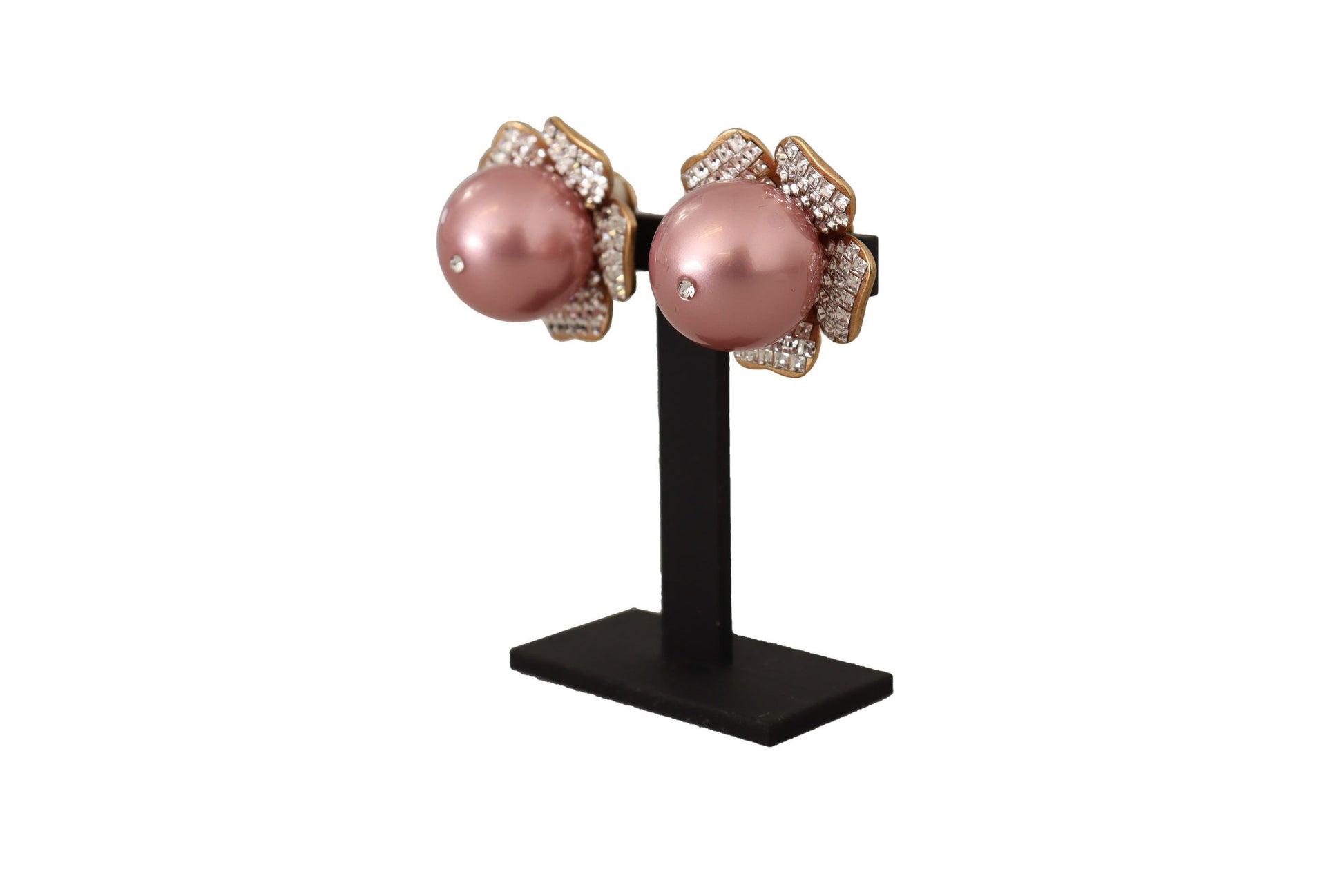 Goldfarbene Maxi-Ohrclips mit Kunstperlen und Blumenmuster
