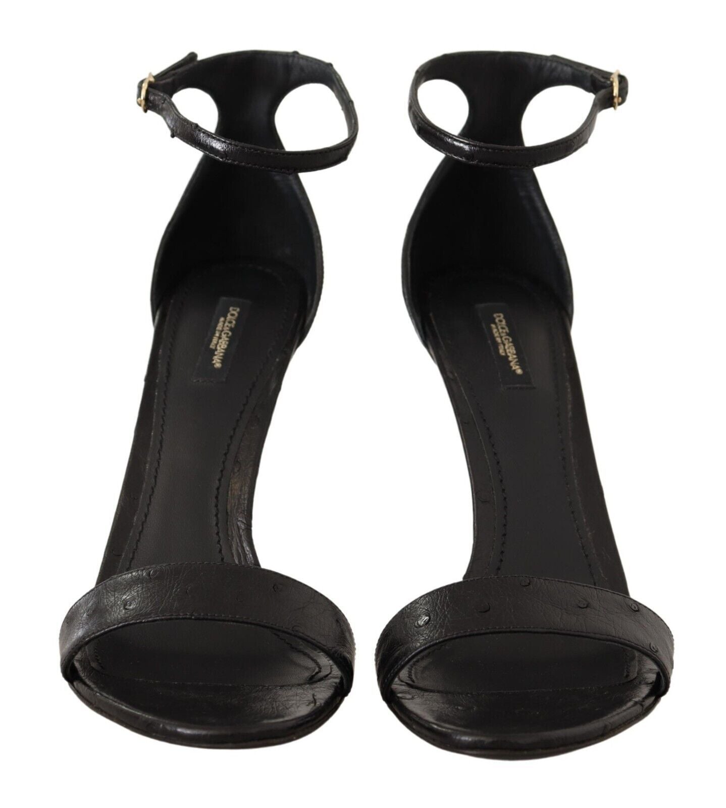 Schwarze Straußenleder-Sandalen mit Knöchelriemen