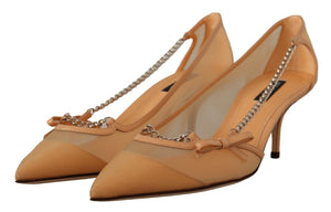 Pfirsich Mesh Leder Ketten Heels Pumps Schuhe