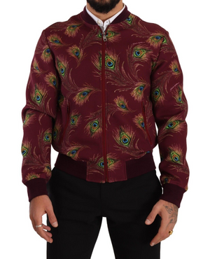 Rote Pfauen-Polyester-Stretchjacke mit durchgehendem Reißverschluss