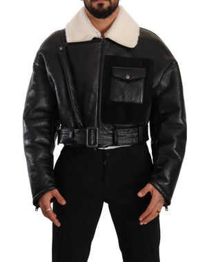 Schwarze Bikerjacke aus Leder mit Lammfell