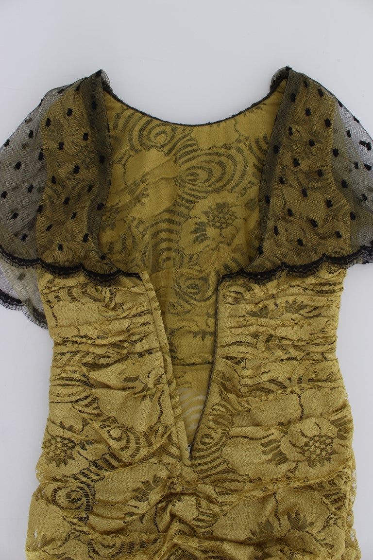 Gelb-schwarzes Ricamo-Kleid mit Blumenspitze