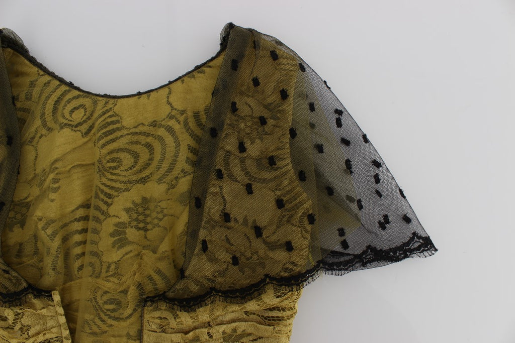 Gelb-schwarzes Ricamo-Kleid mit Blumenspitze